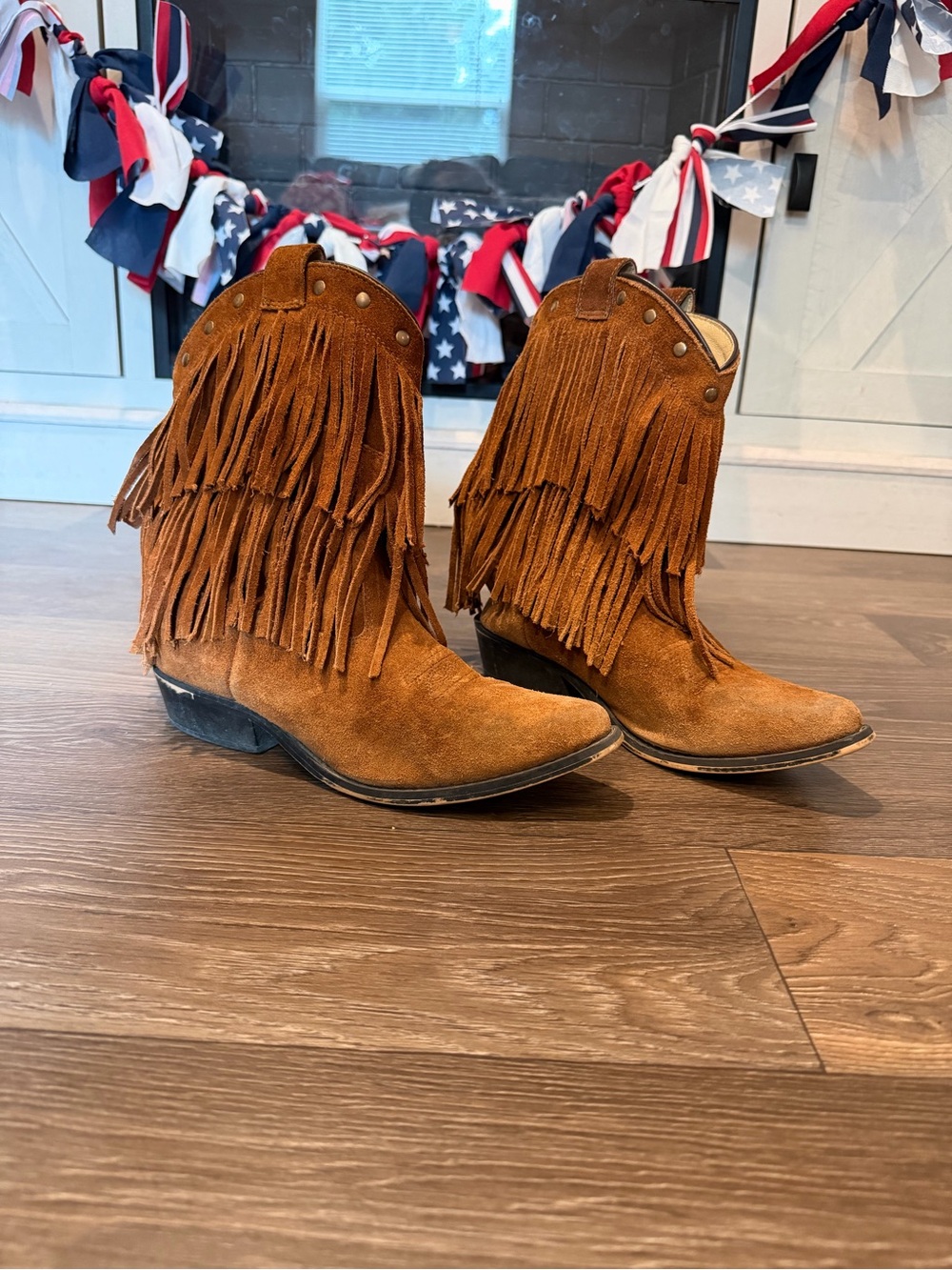Girls Fringe Suede Western Ankle Boots - Brown